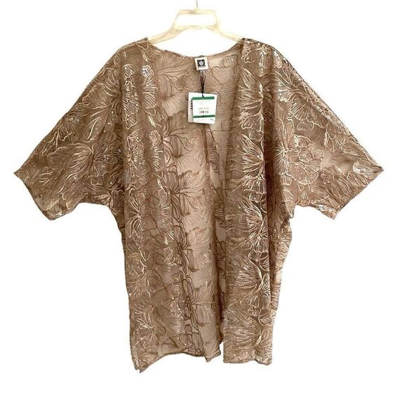 Anne Klein sheer latte sequin embroidered layering kimono women’s L/XL Fairycore - Picture 2 of 14
